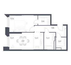 Планировка однокомнатной(апартаменты) площадью 51.82 квадратных метров в ЖК “ЖК Скай Спутник”