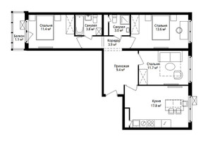 Планировка трехкомнатной(квартира) площадью 75.7 квадратных метров в “ЖК Эко Видное 2.0”