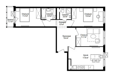 Планировка трехкомнатной(квартира) площадью 75.7 квадратных метров в ЖК “ЖК Эко Видное 2.0”