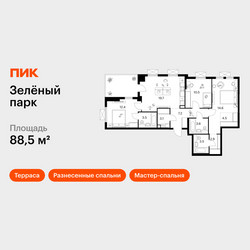 Планировка трехкомнатной(квартира) площадью 88.5 квадратных метров в ЖК “ЖК Зеленый парк”