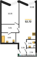 Планировка однокомнатной(апартаменты) площадью 52.72 квадратных метров в “ЖК Инсайдер”