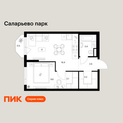 Планировка однокомнатной(квартира) площадью 37.8 квадратных метров в ЖК “ЖК Саларьево парк”