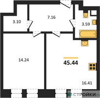 Планировка однокомнатной(квартира) площадью 45.44 квадратных метров в “ЖК Sezar City (Сезар Сити)”