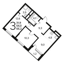Планировка трехкомнатной(квартира) площадью 55.2 квадратных метров в ЖК “Новые Ватутинки. Заречный”