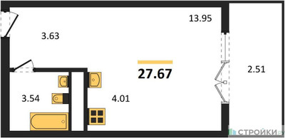 Планировка студии(квартира) площадью 27.67 квадратных метров в ЖК “ЖК Дюна”