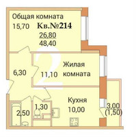 Планировка двухкомнатной(квартира) площадью 48.4 квадратных метров в “ЖК Дом у реки”