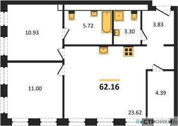 Планировка двухкомнатной(квартира) площадью 62.16 квадратных метров в ЖК “ЖК Insider (Инсайдер)”