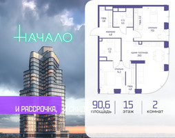 Планировка двухкомнатной(квартира) площадью 90.6 квадратных метров в “ЖК Начало”