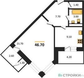Планировка однокомнатной(квартира) площадью 47.4 квадратных метров в “ЖК Три квартала”