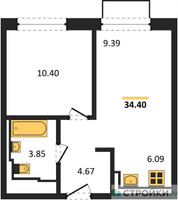 Планировка однокомнатной(квартира) площадью 34.4 квадратных метров в “ЖК Рублевский Квартал”