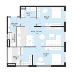 Планировка двухкомнатной(квартира) площадью 100.9 квадратных метров в ЖК “Клубный квартал Садовническая 69”