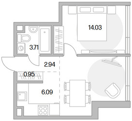 Планировка однокомнатной(квартира) площадью 42.55 квадратных метров в ЖК “ЖК MYPRIORITY Mnevniki (Май Приорити Мневники)”