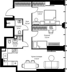 Планировка двухкомнатной(квартира) площадью 63.9 квадратных метров в ЖК “ЖК Веер”