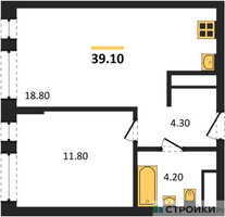 Планировка однокомнатной(квартира) площадью 39.1 квадратных метров в “ЖК Первый Московский”