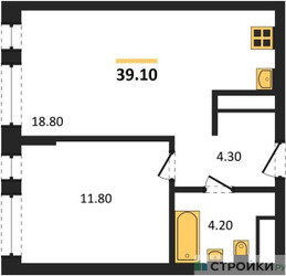 Планировка однокомнатной(квартира) площадью 39.1 квадратных метров в ЖК “ЖК Первый Московский”