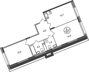 Планировка двухкомнатной(квартира) площадью 55.7 квадратных метров в ЖК “ЖК Переделкино Ближнее”