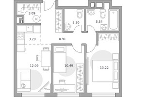 Планировка трехкомнатной(квартира) площадью 59.92 квадратных метров в “ЖК Гранель Коломенское”