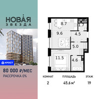 Планировка двухкомнатной(квартира) площадью 45.6 квадратных метров в “ЖК Новая Звезда (Газопровод)”