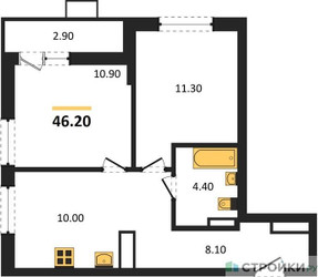 Планировка двухкомнатной(квартира) площадью 46.2 квадратных метров в ЖК “ЖК Деснаречье”