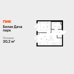 Планировка однокомнатной(квартира) площадью 30.2 квадратных метров в ЖК “ЖК Белая Дача парк”