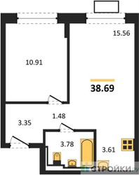 Планировка однокомнатной(квартира) площадью 38.69 квадратных метров в ЖК “ЖК Богдановский Лес”