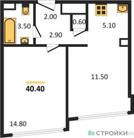 Планировка однокомнатной(квартира) площадью 40.4 квадратных метров в “ЖК ROTTERDAM (Роттердам)”