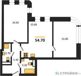 Планировка двухкомнатной(квартира) площадью 54.7 квадратных метров в ЖК “ЖК МАРК”