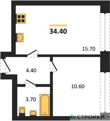 Планировка однокомнатной(квартира) площадью 34.4 квадратных метров в ЖК “ЖК Wave (Вейв)”