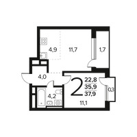Планировка двухкомнатной(квартира) площадью 37.9 квадратных метров в “Новые Ватутинки. Заречный”