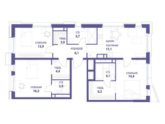 Планировка трехкомнатной(квартира) площадью 94.1 квадратных метров в ЖК “ЖК Символ”