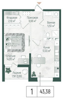 Планировка однокомнатной(квартира) площадью 44.96 квадратных метров в “ЖК Рига Хиллс”