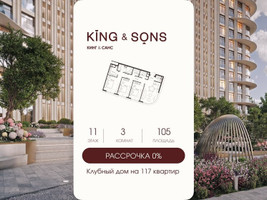 Планировка трехкомнатной(квартира) площадью 105 квадратных метров в “ЖК КИНГ&САНС”