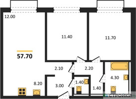 Планировка двухкомнатной(квартира) площадью 57.7 квадратных метров в “ЖК Равновесие”