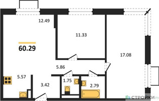 Планировка двухкомнатной(квартира) площадью 60.29 квадратных метров в “ЖК Новое Видное”