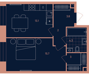 Планировка однокомнатной(квартира) площадью 41.9 квадратных метров в ЖК “ЖК Era (Эра)”