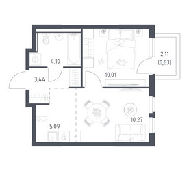 Планировка однокомнатной(квартира) площадью 33.54 квадратных метров в ЖК “ЖК Пригород Лесное”
