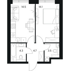 Планировка однокомнатной(квартира) площадью 41.1 квадратных метров в ЖК “ЖК NEXUS by Akvilon (Нексус от Аквилон)”
