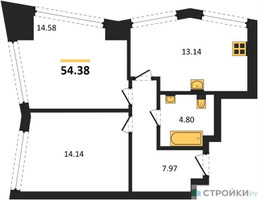 Планировка двухкомнатной(квартира) площадью 54.38 квадратных метров в “UNO Горбунова”