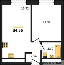 Планировка однокомнатной(квартира) площадью 34.4 квадратных метров в ЖК “ЖК Clementine (Клементин)”