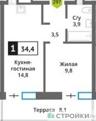 Планировка однокомнатной(квартира) площадью 34.4 квадратных метров в ЖК “ЖК Никольский квартал Отрада”