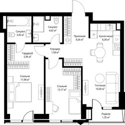 Планировка двухкомнатной(квартира) площадью 69.55 квадратных метров в ЖК “ЖК Джойс”