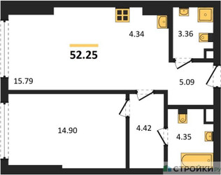 Планировка однокомнатной(квартира) площадью 52.25 квадратных метров в ЖК “ЖК Солос”
