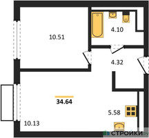 Планировка однокомнатной(квартира) площадью 34.64 квадратных метров в “ЖК Пригород Лесное”