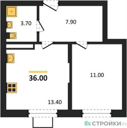 Планировка однокомнатной(квартира) площадью 36 квадратных метров в ЖК “ЖК Видный берег 2”