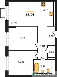 Планировка двухкомнатной(квартира) площадью 53.08 квадратных метров в ЖК “ЖК Новое Видное”