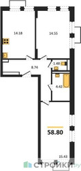 Планировка двухкомнатной(квартира) площадью 58.8 квадратных метров в ЖК “ЖК Квартал Строгино”