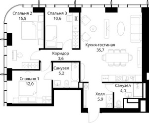 Планировка трехкомнатной(квартира) площадью 92.8 квадратных метров в ЖК “ЖК Сити Бэй”
