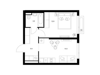 Планировка однокомнатной(квартира) площадью 36.1 квадратных метров в ЖК “ЖК Зеленый парк”