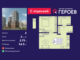 Планировка двухкомнатной(квартира) площадью 34.5 квадратных метров в “ЖК Героев”