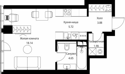 Планировка студии(квартира) площадью 34.38 квадратных метров в ЖК “ЖК City bay (Сити Бэй)”